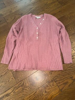 LOFT Ribbed V‑Neck Button Pullover Sweater - Dusty Rose